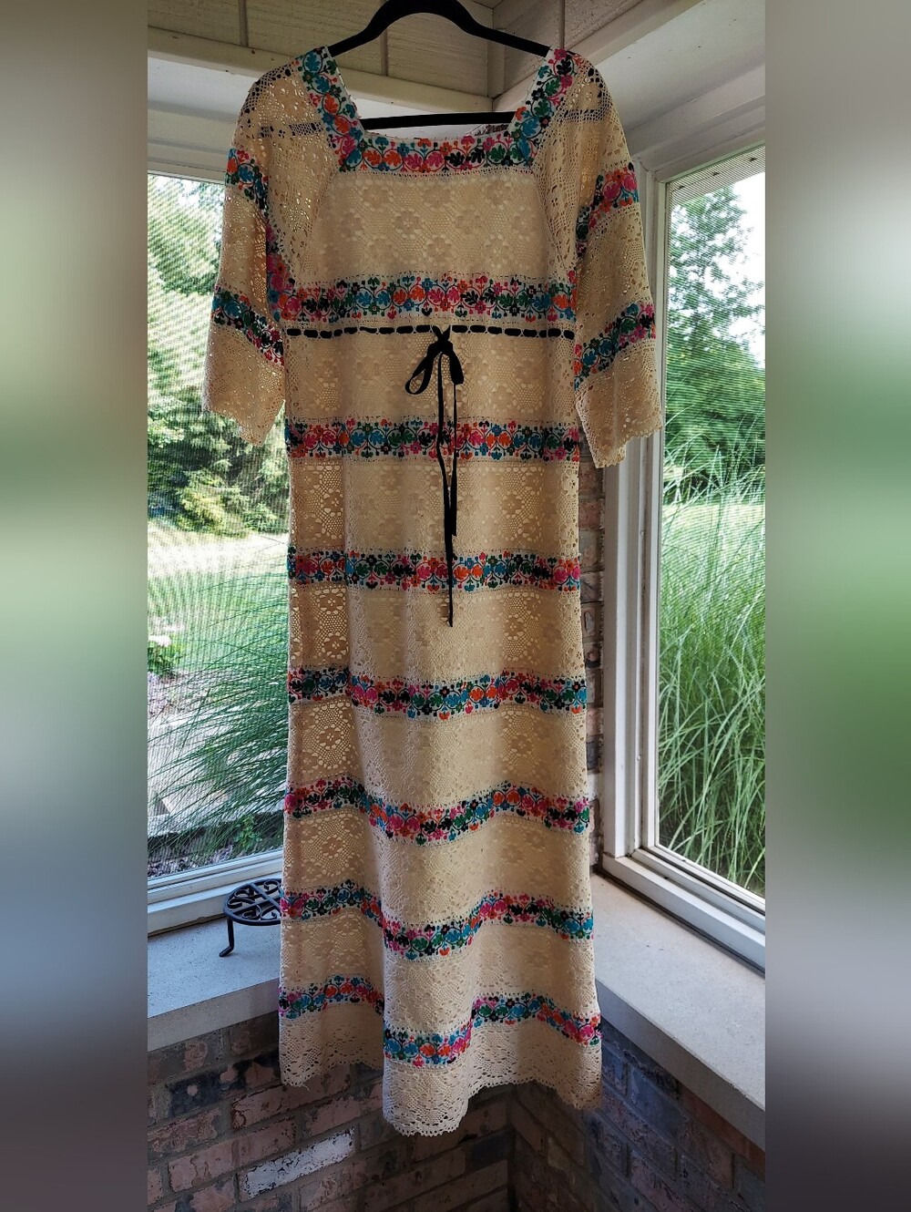 Vintage Mexican Crochet Maxi Dress with Multicolor Floral Trim M Wedding Summer